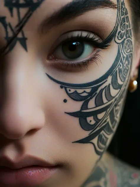 A close-up portrait of a pretty girl with intricate tattoos. Her gaze is intense, yet mysterious, as she looks directly into the camera. The (Close-Up) angle highlights the detailed work of the tattoos and the textures of her skin, creating a (dramatic and elegant:1.2) atmosphere. The lighting is soft yet focused, emphasizing the contrasts and the depth of the image.
<lora:add-detail-xl:1.5> <lora:d\EnvyZoomSliderXL01:0.7>