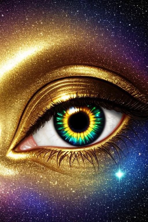 big eye, golden metal rainbow shimmer, golden treasure, realism, jewelry, golden coins, galaxy inside eye, stars, midnight, detailed, EyeD