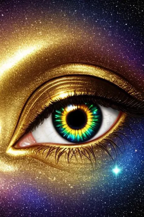 big eye, golden metal rainbow shimmer, golden treasure, realism, jewelry, golden coins, galaxy inside eye, stars, midnight, detailed, EyeD