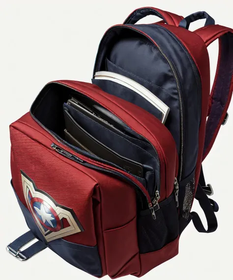 (object), advertisement, product shot, ((Marvel superhero)) stylist backpack), speiderman design, straps, journey, travel, zips, pockets, finely detailed, purism, 100mm advertising photography, minimalism, studio lighting, 8k, (empty-background), (absurdres:1.22), hyperdetailed, rough, symmetrical,