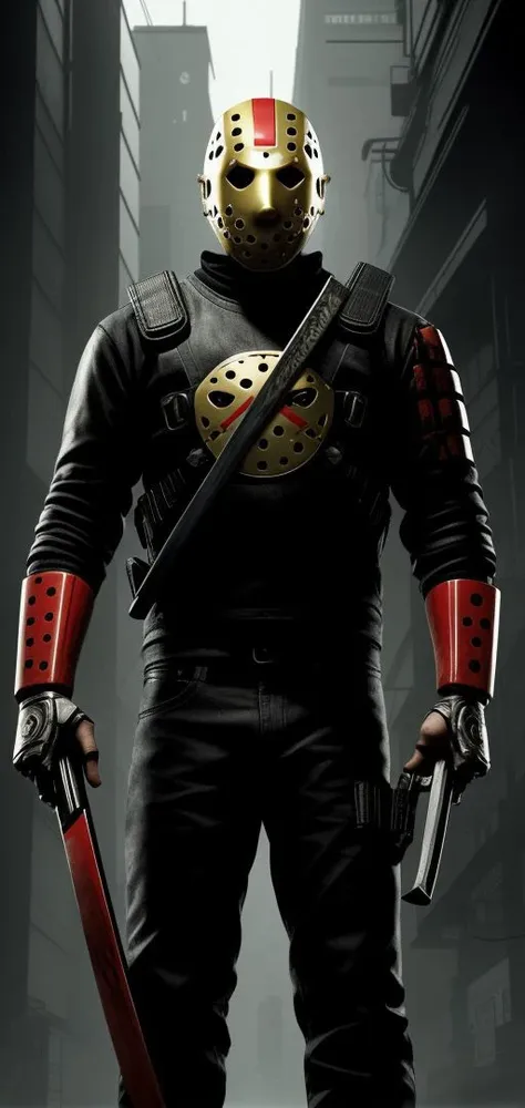 friday the 13th jason holding one machete, stylized cyberpunk, futuristic japan background, cyborg hockeymask