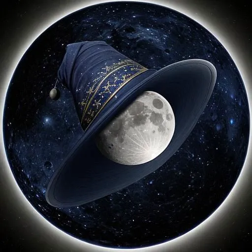 photorealistic, intricate detail, magical wizard hat flying through space, superimposed on full moon, the moon under a planet-sized hat in space, midnight blue, starry night background