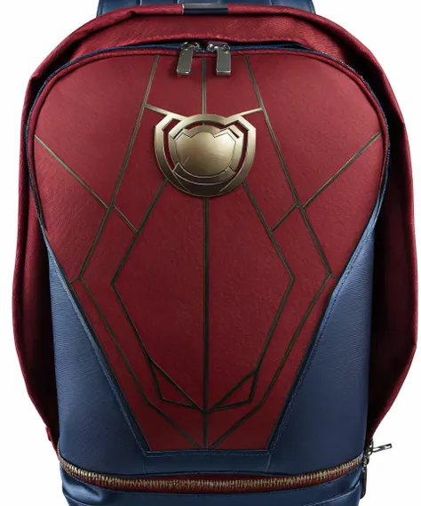 (object), advertisement, product shot, ((Marvel superhero)) stylist backpack), Spiderman design, straps, journey, travel, zips, pockets, finely detailed, purism, 100mm advertising photography, minimalism, studio lighting, 8k, (empty-background), (absurdres:1.22), hyperdetailed, rough, symmetrical,