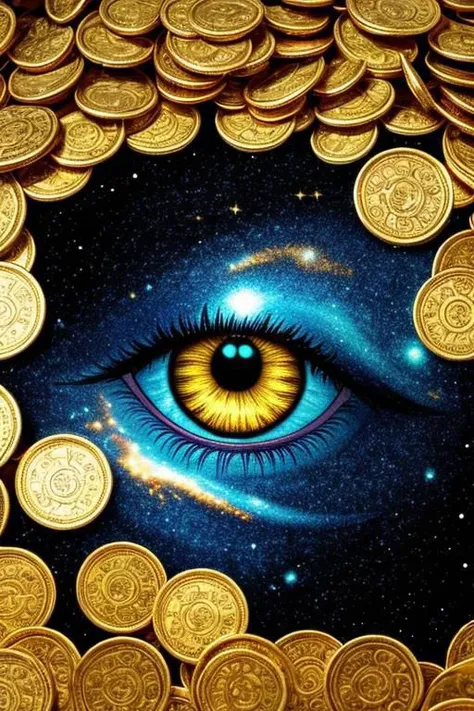 big eye, golden treasure, realism, galaxy inside eye, stars, treasure cave, Aladdin gold coins, detailed, piles of coins, jewels, EyeD