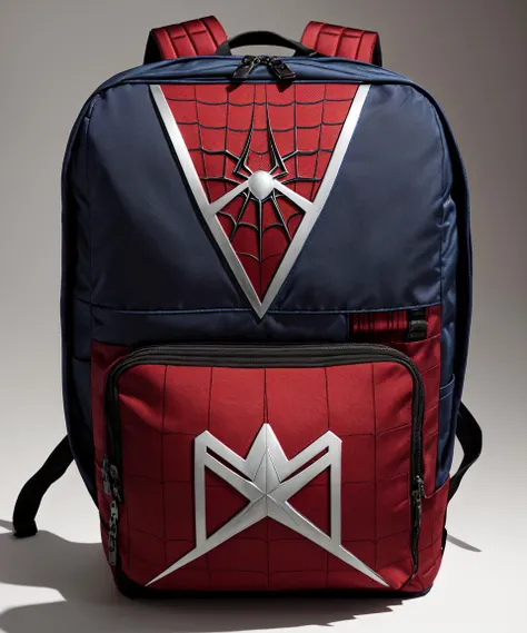 (object), advertisement, product shot, ((Marvel superhero)) stylist backpack), Spiderman design, straps, journey, travel, zips, pockets, finely detailed, purism, 100mm advertising photography, minimalism, studio lighting, 8k, (empty-background), (absurdres:1.22), hyperdetailed, rough, symmetrical,