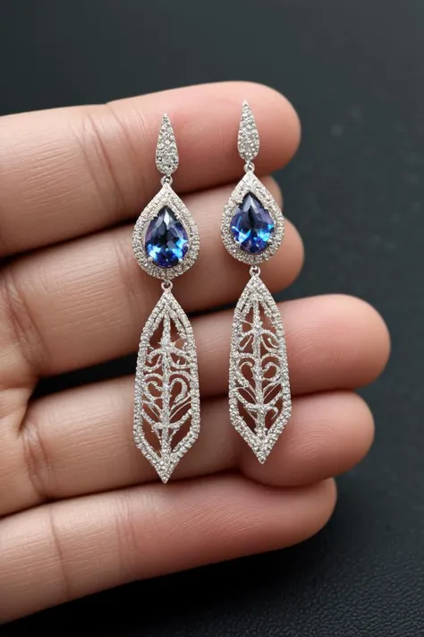 breathtaking no humans, hdr, a delicate tear cut alexandrite earrings, simple white gold filigree, <lora:lcm-lora-sdv1-5:0.7>, masterpiece, award-winning, professional, highly detailed