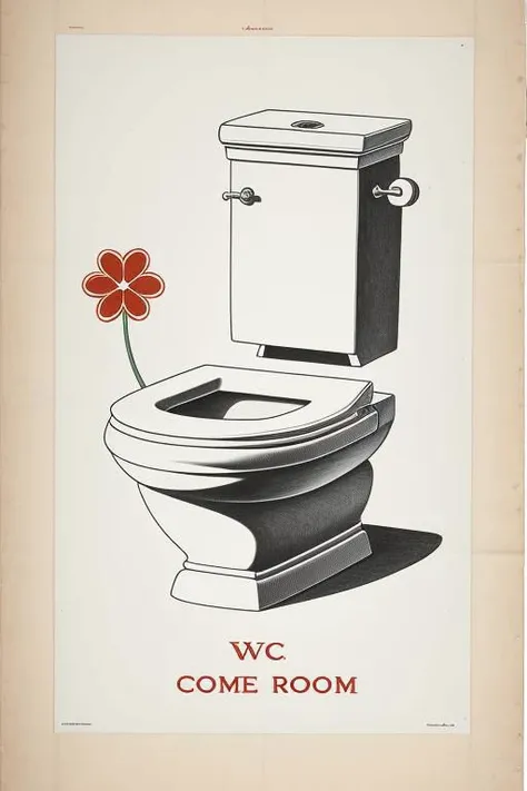 Object, hand drawn, sign depicting a toilet, flower details, ("WC" text logo:1.2), "WC" are large and prominent,
