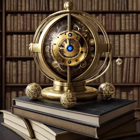 A large magical device made clockwork and spheres made of brass and gold and crystals
against a backdrop of books and stone walls