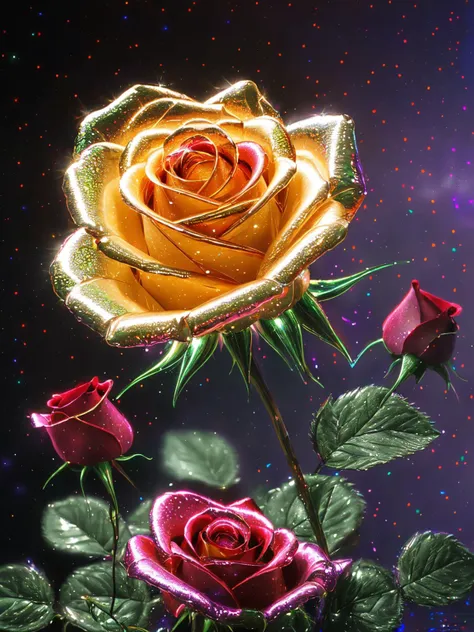 (Masterpiece, high-resolution:1.2), (holographic rose:1.3) with (x-ray:1.2) effect, vibrant colors, (chromatic aberrations:1.1), (shine, ray tracing, reflections:1.6), intricate details, (translucent petals:1.2), (shimmering:1.1) holographic leaves, (dark background:1.1), (mysterious atmosphere:1.2), (close-up shot:1.1), (captivating beauty:1.2), (unique composition:1.1)
<lora:add_detail:0.75> <lora:åV5:0.8>