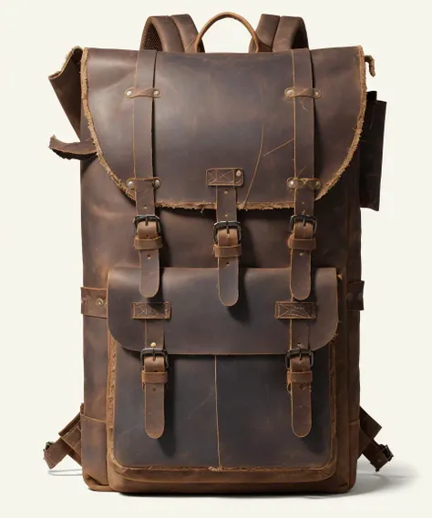 (object), advertisement, product shot, old (adventurer survivor backpack), leather, scratched, patch, straps, journey, travel, zips, pockets, finely detailed, purism, 100mm advertising photography, minimalism, studio lighting, 8k, (empty-background), (absurdres:1.22), hyperdetailed, rough, symmetrical