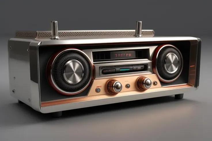 (object), advertisement, product shot, stunning, 1970s Beltek in-dash car cassette stereo radio, shaft design with chrome knobs, radio is in operation, Transmitter scale illuminated, octane render, HDR, reflective, product render, symmetrical, ultradetailed