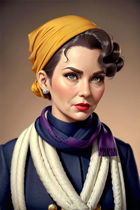 <lora:claystyle:0.7>, woman with Styling Victory Rolls with Scarf Hairdo wearing Wearing a Turban or Headscarf, masterpiece, 8k, high resolution, shallow depth of field, sharp focus