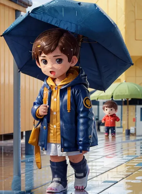 boy,raincoat, solo, rain, yellow raincoat, male focus, 1boy, standing, thighhighs, open mouth, full body, hood up, umbrella, looking at viewer, brown hair, Chibi  <lora:Clay style_20230730145529-000016:0.8>