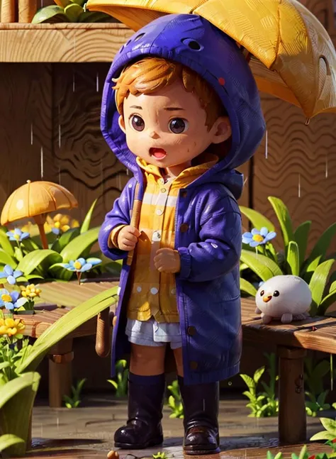 boy,raincoat, solo, rain, yellow raincoat, male focus, 1boy, standing, thighhighs, open mouth, full body, hood up, umbrella, looking at viewer, brown hair, Chibi <lora:Clay style_20230730145529-000016:0.8>