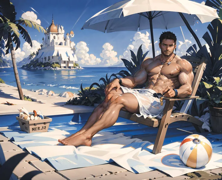 masterpiece,best quality,offical art,(highly-detailed),illustration,full body,solo,(1 man with stubble and spiked [black|brown] hair and yellowish green eyes who is Masculine and muscular and tall and 🏻 and handsome),lying on a Beach chair,leaning back,wet and open jacket, white Hot Pants,erection,isometric,close shot,close up,looking at viewer,bara,mature,biceps,six-packs abs,pectorals,Biceps femoris,detailed naughty face,(😈:1.2),see-through,
mechanization,lightning electricity,stretch,clear transparent water,sexually attractive,re5dfield,depth of field,tindal effect,light particles,(Balance and coordination between all things),crystal clear texture,real light and shadow,spread legs, flexible,dynamic pose,summer,
bath towel,flirting,sexually suggestive,bulge,<lora:SXZ ChrisRedfield:0.4> ,<lora:gachaSplashLORA_gachaSplash:1>,foreground,middle ground,background,
(beach umbrella and Shell and crab and seagull and coconut tree and beachball and powder sand on beach),wind,clear blue sky,ocean,vast,sun,The warmth of the breeze,naughty,
perspective,composition,tranquil,adventurous,energy,exploration,reflection, refraction,contrast,naturalistic,experimental,unique,free,comfortable,