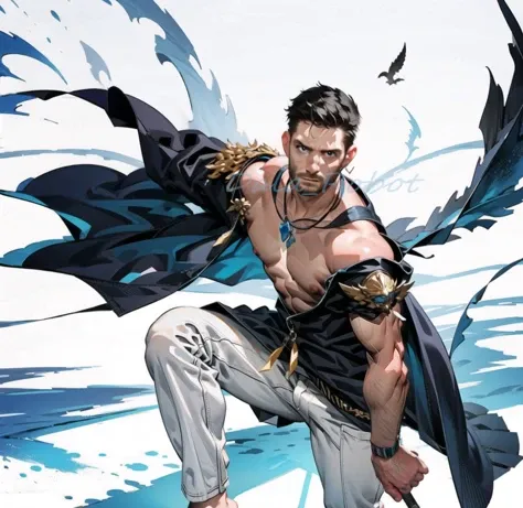[(white background:1.5)::5], (bottle bottom:0.9),mid shot,amo,jensen,full body,1boy,male,solo,bara, (rich in details),masterpiece,best quality,offical art,(ultra-detailed),(illustration),
(crystal skull decoration, crystal skull pattern),Tindal effect, (Balance and coordination between all things), absurdity, flame,(blue flame,:1.2),plasma, particle effects,crystal clear texture,star_\(sky\), space, starry_sky,cloud, castle,castle on a hill,blue roof,birds,🦅,Griffin,🕊,dove,(Griffin and many doves:1.2) flying in the background sky,illumination,light,dynamic angle,depth of field,light and shadow,Real light and shadow,diffuse reflection,detailed background,
bara,(Masculine:1.3),stubble,(topless:1.2) male,handsome,gorgeous face,cold face,cute face,closed mouth,Slicked-back hair,[(black hair:1.0)|(white hair:0.8):1],(cold expression),messy hair,spiked hair,(expressive eyes, blue eyes, glowing eyes), shoulder (tattoo:0.8),muscular,tall,tall male,strong male,biceps,abs,(broad shoulders:0.8),straight legs,muscular lower leg,bulge,Greek clothes, waistband,pelvic curtain,cape,spread legs,wind,white socks,+_+, earrings, looking at viewer,geometry,(1girl:0.8),1boy,
