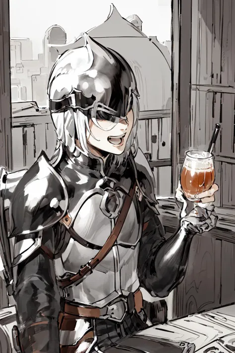 (313archer, helmet, armor, solo, focus, 1man, adult:1.3), <lora:313archer-nvwls-v1-final:1.0>, sitting down, on chair, holding drink, smile, laughing, open mouth, covered eyes, shadow over eyes, from side, upper body, soft light, indoors, tavern, bar, wooden table., <lora:DB_manga_v2m:.7> (manga style, black and white, ink:1.3)