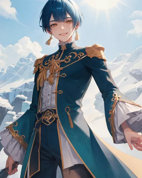 masterpiece, best quality, extremely detailed CG 8k wallpaper, {1boy, male_focus, solo, look at viewer}, {blue hair, bangs, detailed face, handsome, twink, smile, jewelry, earrings, single earrings, tassel earrings, tassel, frilled sleeves, long sleeves, frills}, <lora:xingqiu:0.75> , {toned, muscular_male, muscular, wide shoulder, narrow waist}, {a man wearing a wind coat with extravagant embellishments sits in front of beautiful snow mountains and lakes, sunshine, sunlight}, masterpiece, best quality,