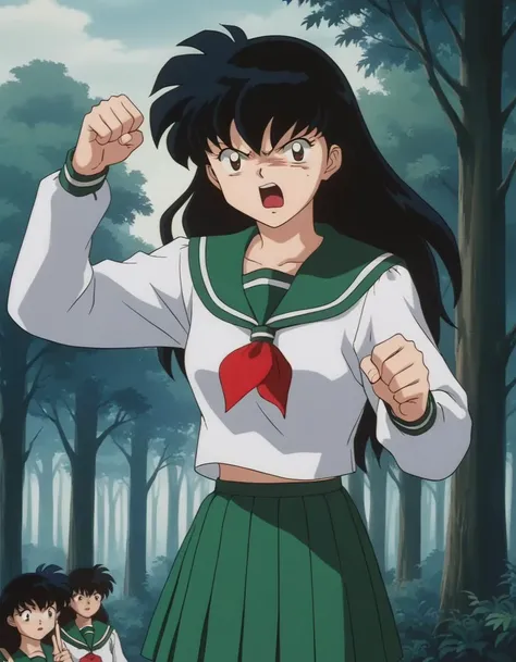 score_9, score_8_up, score_7_up, source_anime,
kagomehigurashi, <lora:kagome-higurashi-ponyxl-lora-nochekaiser:1>,
kagome higurashi, long hair, black hair, retro artstyle, brown eyes, angry, anger vein, shouting, open mouth,
skirt, shirt, long sleeves, school uniform, white shirt, pleated skirt, serafuku, sailor collar, neckerchief, green skirt, red neckerchief,
outdoors, forest, nature,
looking at viewer,