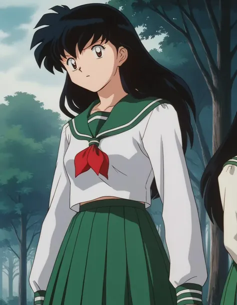 score_9, score_8_up, score_7_up, source_anime,
kagomehigurashi, <lora:kagome-higurashi-ponyxl-lora-nochekaiser:1>,
kagome higurashi, long hair, black hair, retro artstyle, brown eyes,
skirt, shirt, long sleeves, school uniform, white shirt, pleated skirt, serafuku, sailor collar, neckerchief, green skirt, red neckerchief,
outdoors, forest, nature,
looking at viewer,