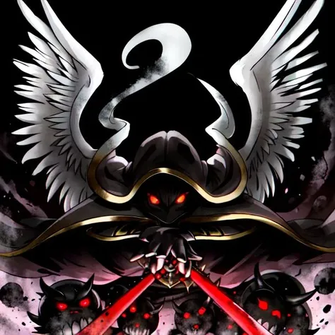 Baroness of Retribution, (2 white wings, longsword, two red glowing eyes), ((masterpiece, best quality)), CG, wallpaper, HDR, high quality, high-definition, extremely detailed, (detailed light),  {{intricate detail}},  {highres}, chiaroscuro, epic, cinematic, action pose, creepy, ((red glowing eyes)), <lora:Baroness2:0.7>
