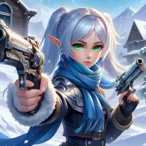 Digital art, masterpiece A detailed and cinematic wallpaper, closeup portrait of a girl Frieren standing in snow with blue scarf, green eyes, silver hair with twintails<lora:frieren_xl_2-000012:1>,wielding dual pistols <lora:XL_Weapon_Dual_Pistols_-_By_HailoKnight:0.8> dual pistols