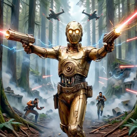 Action shot of C3PO1024, wielding dual golden desert eagle laser pistols at the viewer, rebel base on Endor, 16k, UHD, DSLR, intricate, insane details, photorealistic, <lora:XL_Weapon_Dual_Pistols_-_By_HailoKnight:0.6>, <lora:add-detail-xl:0.5>, <lora:LaxpeintXL-2.0:0.65>, digital painting, <lora:d\EnvyActionShotXL01:0.5>, <lora:C3PO1024:0.5>, smoke, explosion, view from above, (imperial troopers), (endor rebel troopers:1.1)