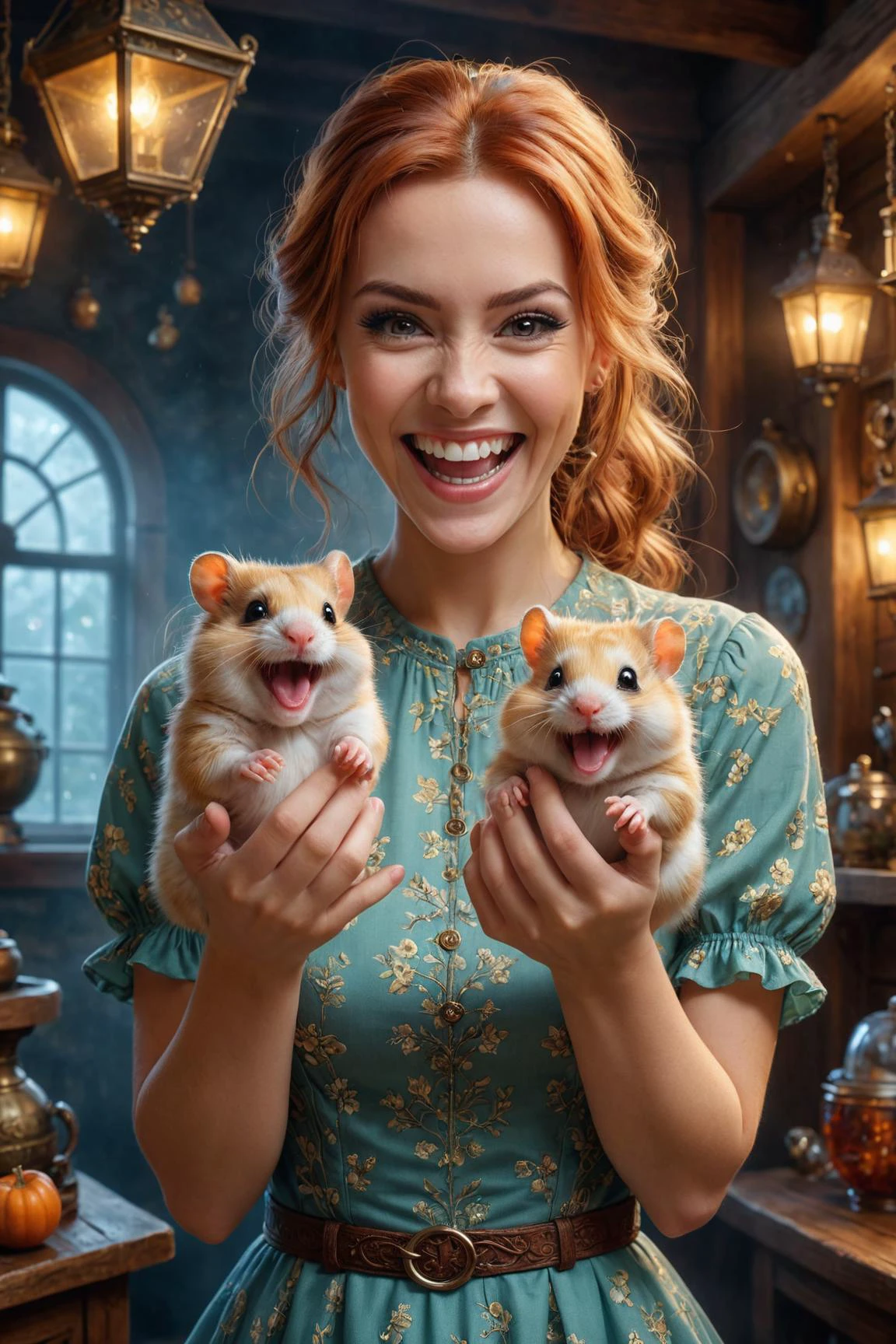 by (((Lori Earley) and Kelly Mckernan ) and Craig Thompson ) and Peter Lik , Evgeny Lushpin of a cute happy woman holding up two cute hamsters while laughing maniacally, dual wielding hamsters <lora:happy:0.25><lora:maniacal_laughter:1.75> <lora:dual_pistols:0.35> <lora:more_art:0.40><lora:faetastic:0.25><lora:midjourney:0.15>