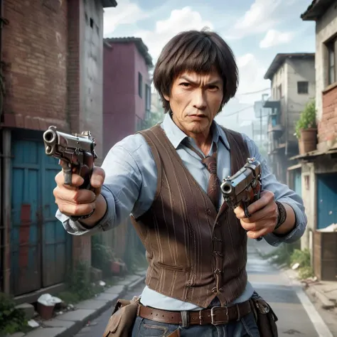 wielding dual pistols <lora:XL_Weapon_Dual_Pistols_-_By_HailoKnight:0.8> dual pistols,A photorealistic image of a male character exuding a rogue or ruffian vibe. He should be wearing a tank top and casual shorts, both of which are slightly worn but not tattered. Around his neck hangs an amulet or talisman, adding to his edgy appearance. His posture should be relaxed but confident, perhaps with his hands in his pockets or crossed over his chest. His facial expression should be one of nonchalance or slight defiance. The setting could be an urban or semi-urban environment, maybe a back alley or a rundown area, to complement his rogue persona. The lighting should be natural, highlighting the details of his outfit and amulet, <lora:DBroLight:0.65>,