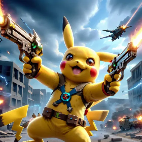 a realistic image of Pikachu, wielding dual pistols, battlefield in background, HD, masterpiece, best quality, hyper detailed, ultra detailed, <lora:XL_Weapon_Dual_Pistols_-_By_HailoKnight:0.8> dual pistols