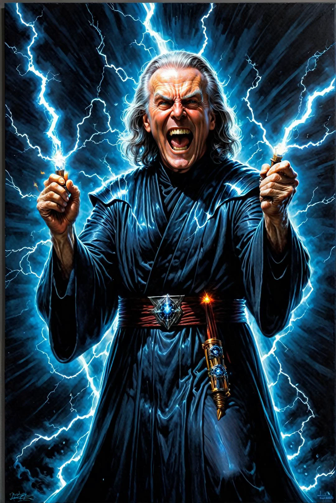 by Joseph Stella and Olivier Valsecchi and Delphin Enjolras, emperor palpatine holding two lightning rods, casting a lightning spell, being struck by lightning, digital oil pastel on canvas, symmetrical, full body length, extremely detailed, vibrant dream, happy maniacal laughter, in the style of Glen Keane and David Yarrow , cinematic lighting, movie still <lora:JuggerCineXL2:1.00> <lora:maniacal_laughter:2.25> <lora:EnvyOilPastelXL01:1.00> <lora:SDXLFaeTastic2400:0.25> <lora:extremely_detailed:2.15> <lora:vibrant_dream:2.85> <lora:happy_v2:0.35> <lora:add-detail-xl:0.25> <lora:eye_catching:1.75> <lora:XL_Weapon_Dual_Pistols_-_By_HailoKnight:0.15> <lora:xl_more_art-full_v1:0.30> <lora:MJ52:-0.145> <lora:RMSDXL_Enhance:0.50> <lora:RMSDXL_Creative:0.50> <lora:RMSDXL_Photo:0.50> <lora:RMSDXL_Darkness_Cinema:0.50> <lora:clothing_slider_v19_000000030:6.00> <lora:great_lighting:1.50> <lora:aesthetic:1.50> <lora:photorealistic_portrait:1.50> <lora:extremely_detailed:1.50> <lora:sd_xl_dpo_lora_v1:0.25>