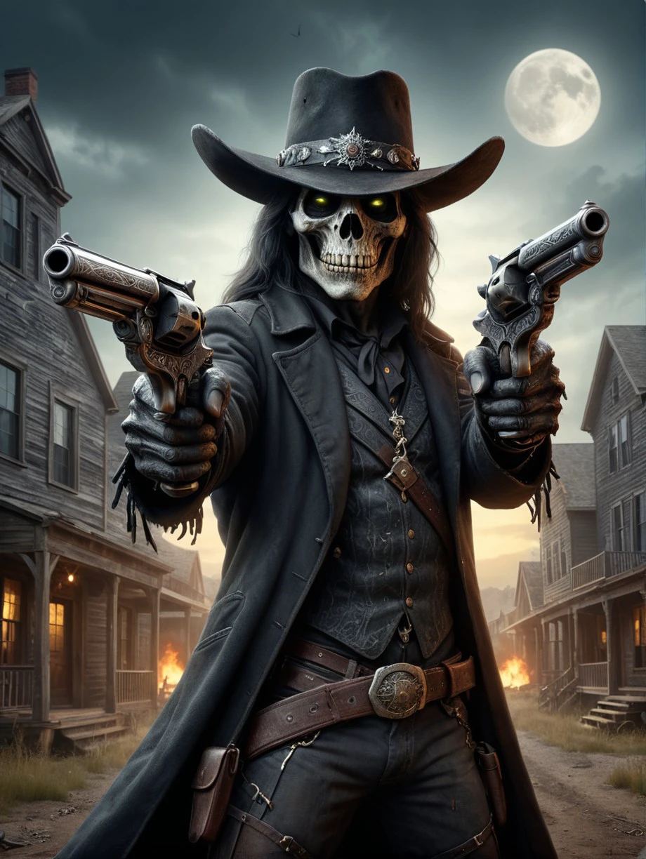 picture of undead cowboy in black old duster brimmed hat long black hair holding dual pistols revolver 1800 town in background <lora:XL_Weapon_Dual_Pistols_-_By_HailoKnight:0.88:hr=0.2>
<lora:SDXL DET more_art-full_v1:0.4>