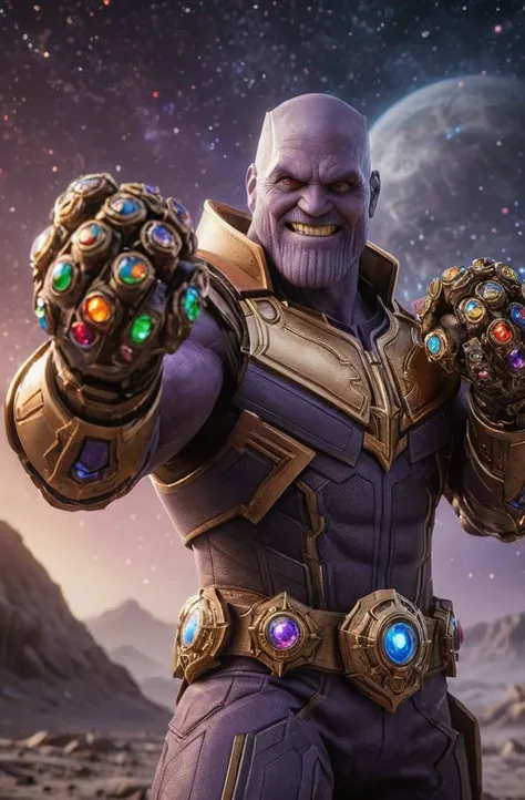 thanos holding dual (infinity gauntlets:1.4), on moon, big smile, infinity gems,  (shallow depth of field:0.6), highly detailed, high budget, (bokeh:0.6),  film grain, grainy <lora:XL_Weapon_Dual_Pistols_-_By_HailoKnight:0.65> , <lora:RMSDXL_Darkness_Cinema:0.8>