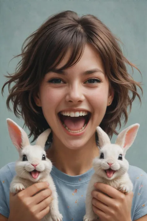 digital oil pastel on canvas<lora:oil_pastel:1.00> of a cinematic photo <lora:juggernaut_cinematic:1.00> by ((( Sean Yoro ) and Mark Lovett ) and Ilya Kuvshinov ) and Noriyoshi Ohrai of a cute happy woman holding up two cute bunnies while laughing maniacally laughter, dual wielding bunnies <lora:happy:0.25><lora:maniacal_laughter:2.25><lora:dual_pistols:0.35> <lora:more_art:0.40><lora:faetastic:0.25><lora:midjourney:0.15>