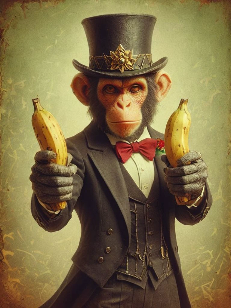 <lora:MJ52:0.1> <lora:sd_xl_dpo_lora_v1:0.5>, a formal monkey with a tophat, ((vivid)) colors, high saturation <lora:RMSDXL_Creative:.2> <lora:XL_Weapon_Dual_Pistols_-_By_HailoKnight:1.0> dual bananas at viewer