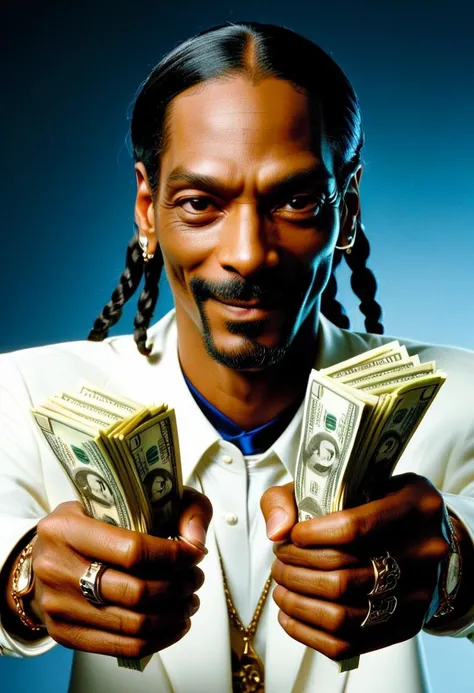 Snoop Dog dual wielding money, smirk <lora:XL_Weapon_Dual_Pistols_-_By_HailoKnight:0.8>