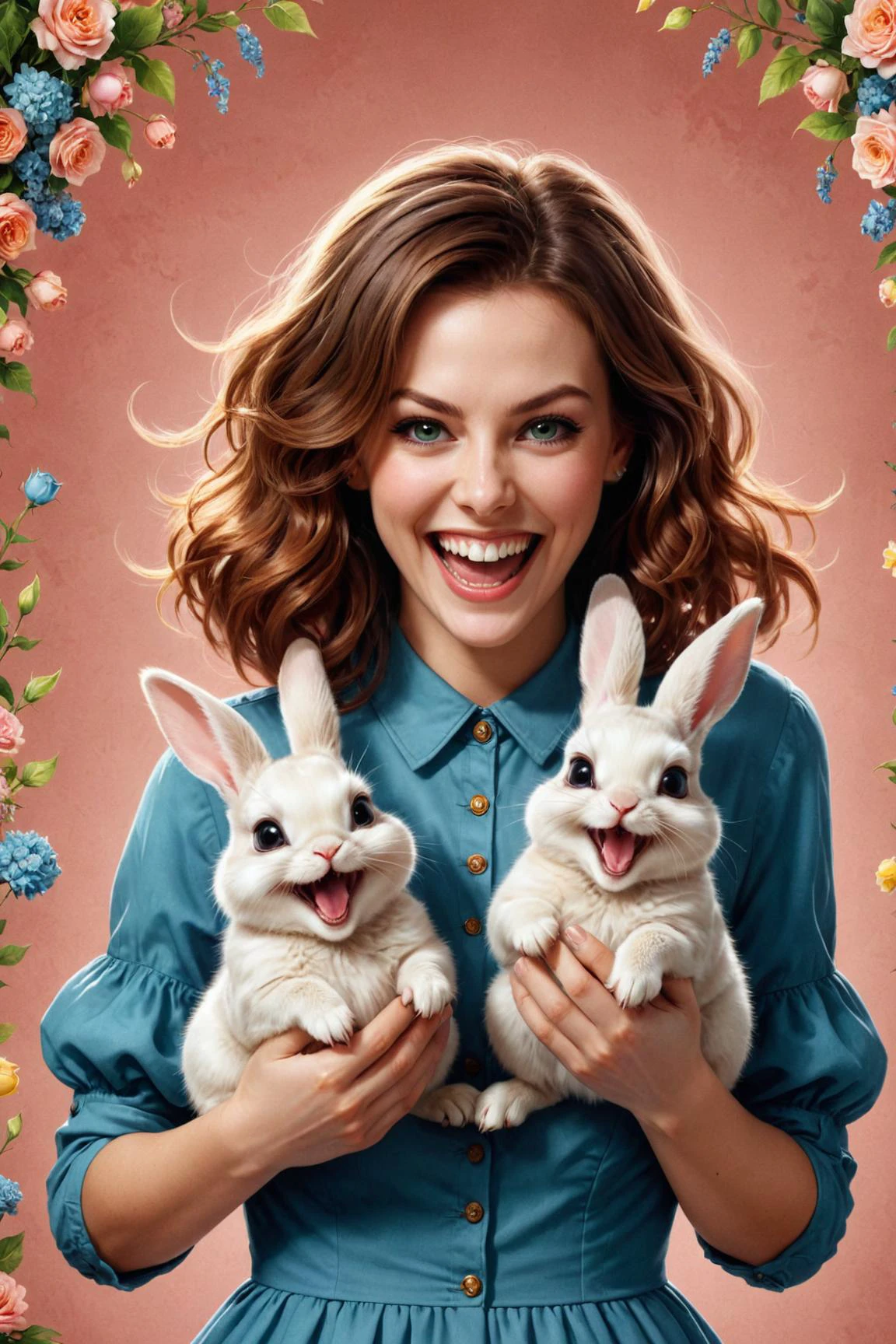 by Anna Dittmann and Lori Earley in the style of Louis Wain , cute happy woman holding up two cute bunnies while laughing maniacally, dual wielding bunnies <lora:happy:0.25><lora:maniacal_laughter:1.75><lora:dual_pistols:0.35> <lora:more_art:0.30> <lora:midjourney:-0.15> <lora:RMSDXL_Enhance:0.50> <lora:RMSDXL_Creative:0.50> <lora:RMSDXL_Photo:0.50> <lora:RMSDXL_Darkness_Cinema:0.50> <lora:clothing_slider:2.00> <lora:great_lighting:1.50> <lora:aesthetic:1.50> <lora:photorealistic_portrait:1.50> <lora:extremely_detailed:1.50> <lora:dpo:0.25>