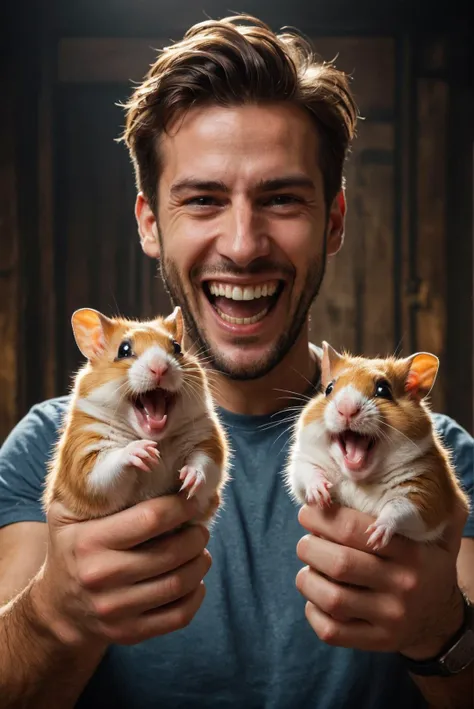 by Arthur Wardle and Eytan Zana and Emilia Wilk , man holding up two cute hamsters while laughing maniacally, dual wielding hamsters <lora:happy:0.25><lora:maniacal_laughter:1.75><lora:dual_pistols:0.35> , depth of field, cinematic,