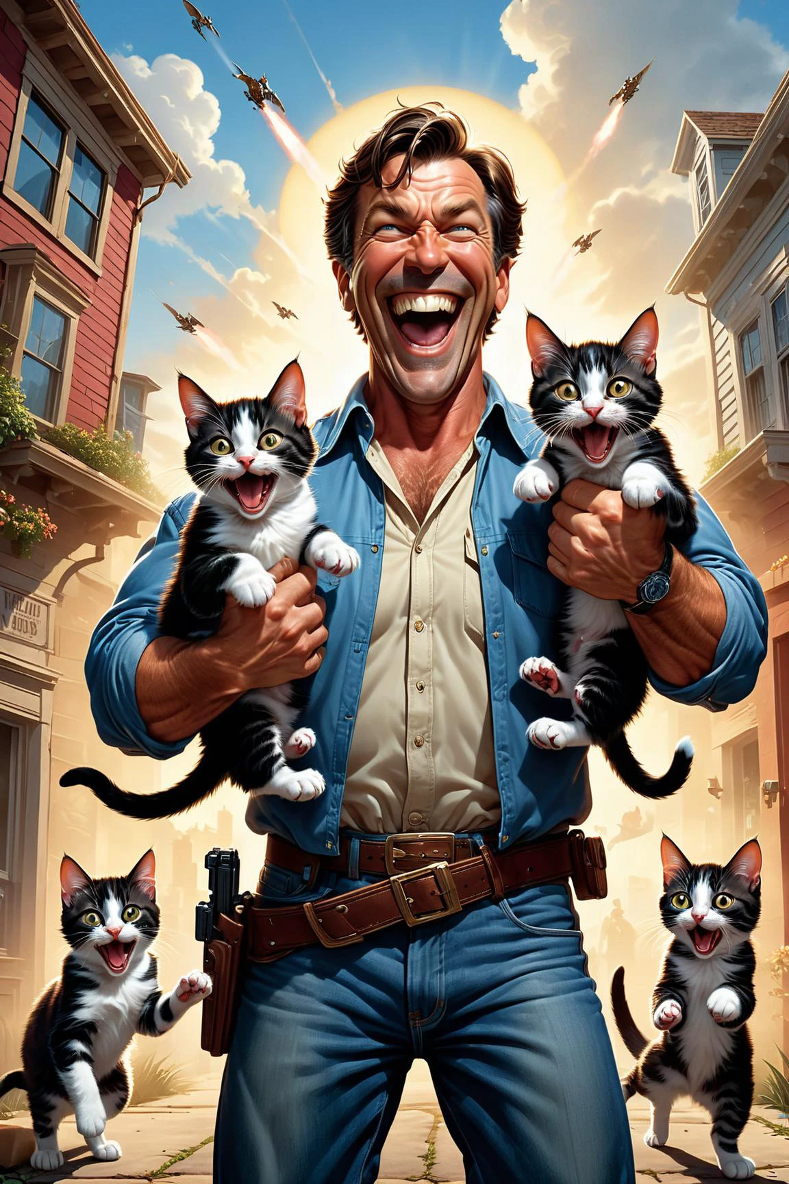full body length by ((( F. Scott Hess ) and Eileen Aldridge ) and Chris Cold ) and Terry Redlin , man holding up two cute kittens while laughing maniacally, dual wielding kittens <lora:happy:0.25><lora:maniacal_laughter:1.75><lora:dual_pistols:0.35> , <lora:more_art:0.40> <lora:faetastic:0.15> <lora:midjourney:0.15>