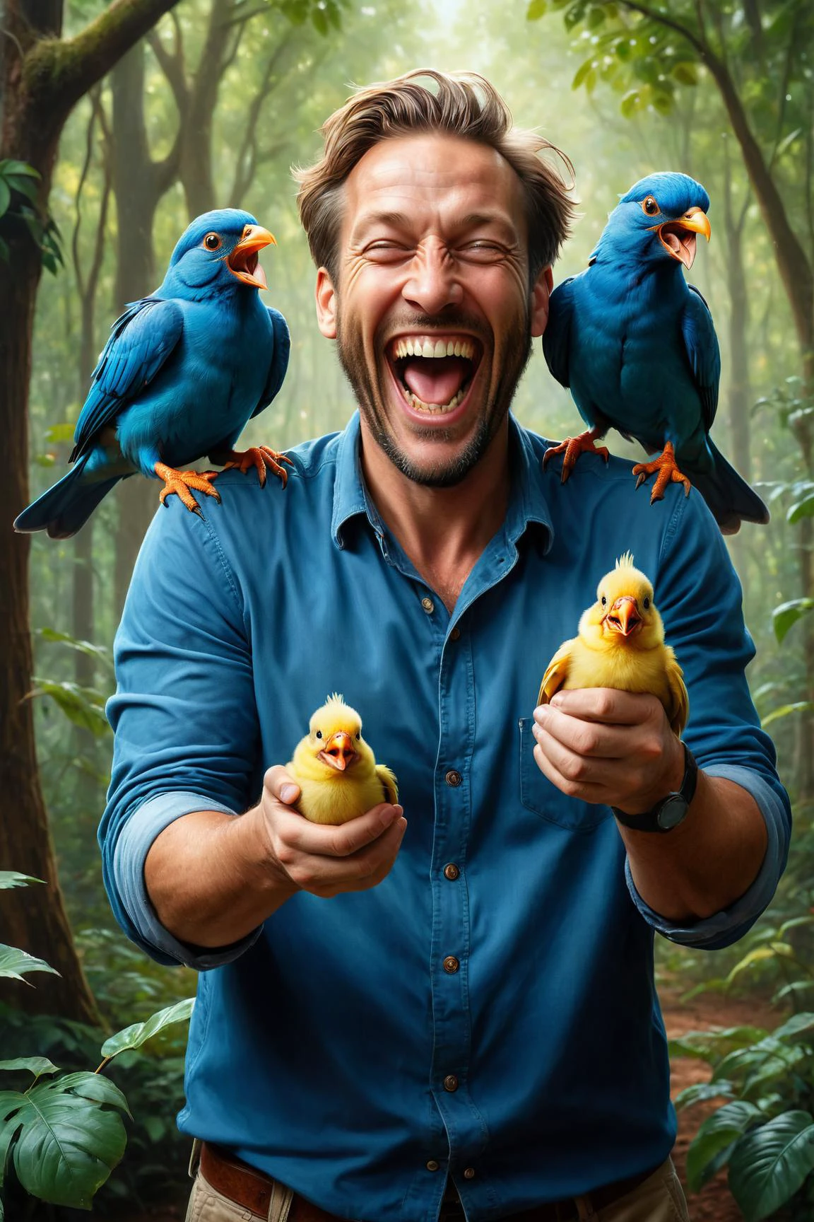 digital oil pastel on canvas<lora:oil_pastel:1.00> by ((( Mandy Jurgens ) and Reylia Slaby ) and Christophe Vacher ) and Lee Madgwick , man holding up two cute birds while laughing maniacally, dual wielding birds <lora:happy:0.25><lora:maniacal_laughter:1.75><lora:dual_pistols:0.35> <lora:more_art:0.30>
