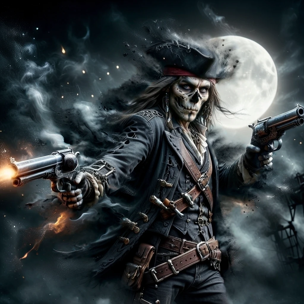 Captain Jack Sparrow (partly-skeletonized) firing two (flintlock-pistol:1.2), looking and aiming at viewer, action shot, moonlight, moon, black smoke, 16k, UHD, DSLR, insane details, award-winning photo, (clothing ral-dissolve), <lora:XL_Weapon_Dual_Pistols_-_By_HailoKnight:0.6>, <lora:ral-dissolve:1.1>, <lora:d\EnvyActionShotXL01:0.55>, <lora:xl-shanbailing-1126darkness1:0.2>, bailing_darkness, human dissolving in a skeleton