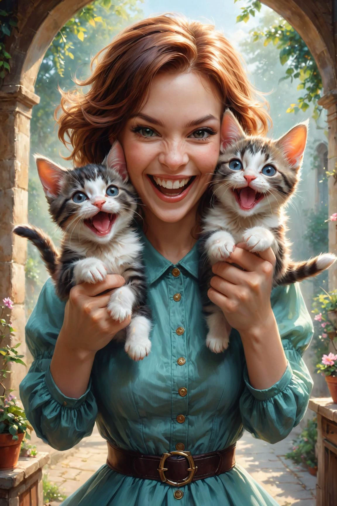 by ((( Wojciech Ostrycharz ) and Stanley Artgerm ) and Dorina Costras ) and Lois van Baarle , digital painting <lora:digital_painting_envy01:1.00> of a cute happy woman holding up two cute kittens while laughing maniacally laughter, dual wielding kittens <lora:happy:0.35><lora:maniacal_laughter:1.75> <lora:more_art:0.40><lora:faetastic:0.25><lora:midjourney:0.15> <lora:dual_pistols:0.50> <lora:clothing_slider:3>