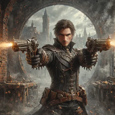 cinematic film, steampunk male rougue points dual pistols at viewer, large round window with a view to crowded victorian city, fog, chimney, smoke   , photorealistic, cinematic, realistic, ultra detailed, amazing quality, wallpaper, analog film grain, 8k hd,  boken,  <lora:XL_Weapon_Dual_Pistols_-_By_HailoKnight:1> dual pistols