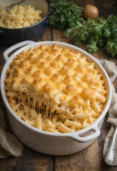 Absolutely delicious dish of macaroni cheese, fresh out the oven, crispy cheese melted over the top