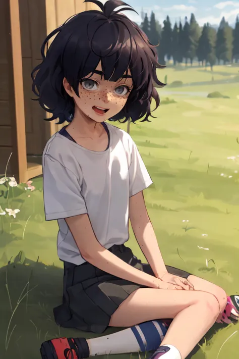 (masterpiece, best quality:1.1), 1girl, blindgirl, freckles, blunt bangs, messy hair, brown hair, short hair, (grey eyes:1.1), white shirt, black and white skirt, smiling, sitting, outdoors, grass field, dog, <lora:Blind-girl-000030:0.8>