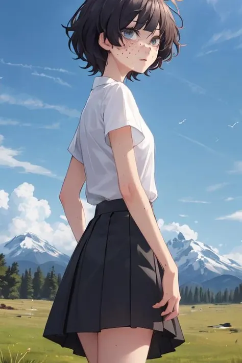 (masterpiece, best quality:1.2), 1girl, blindgirl, blunt bangs, messy hair, short hair, brown hair, grey eyes, freckles, white shirt, long skirt, black skirt, standing, sunny day, clouds, outdoors, mountain, mountains in the background, <lora:Blind-girl-000030:0.7>