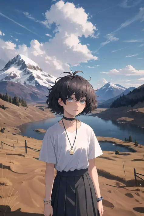 masterpiece, best quality, highres, 1girl, blunt bangs, pixie cut, messy hair, short hair, brown hair, grey eyes, freckles,bracelet, necklace, choker, outdoors, mountain, mountains in the background, sunny day, clouds, standing, blindgirl, white shirt, long skirt, black skirt, <lora:Blind-girl-000030:0.8>