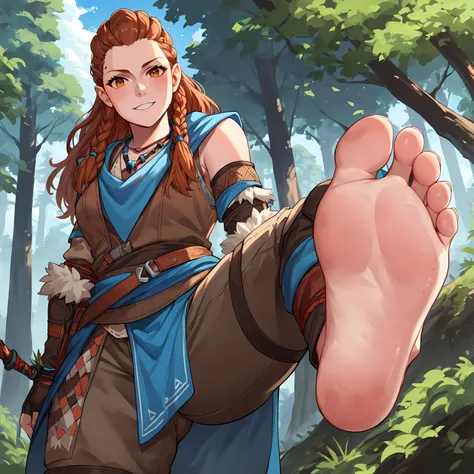 score_9,score_8_up,score_7_up,rating_explicit,zPDXL ,1girl, aloy \(Horizon:Zero Dawn\),standing, one foot up,sole towards viewer,solo,from_below,standing ,(foot focus:1.2),perfect feet, dirty feet,forest,,looking_at_viewer,sinister smile