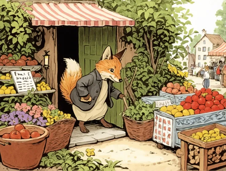 drawing in the style of Beatrix Potter. <lora:Beatrix_potter_drawing_style:1> drawing in the style of beatrix potter, no humans, animal, animal focus, cutecore, BREAK, a fox selling flowers, market, market_stall, fox,, BREAK score_9, score_8, score_8_up, (score_7_up:0.5), (score_7:0.5), smooth_lighting, (score_6_up:0.5), (score_6:0.5) BREAK