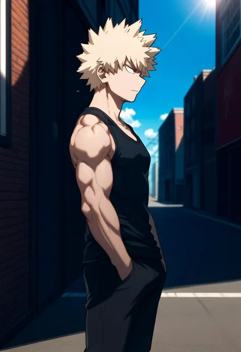 score_9, score_8_up, source_anime, <lora:bakugoXL:1>,bakugo_sleeveless, black tank top, black pants, street, solo, broad shoulders, muscular, closed mouth, blue sky, sunlight, solo, wind, alley, hand in pocket,